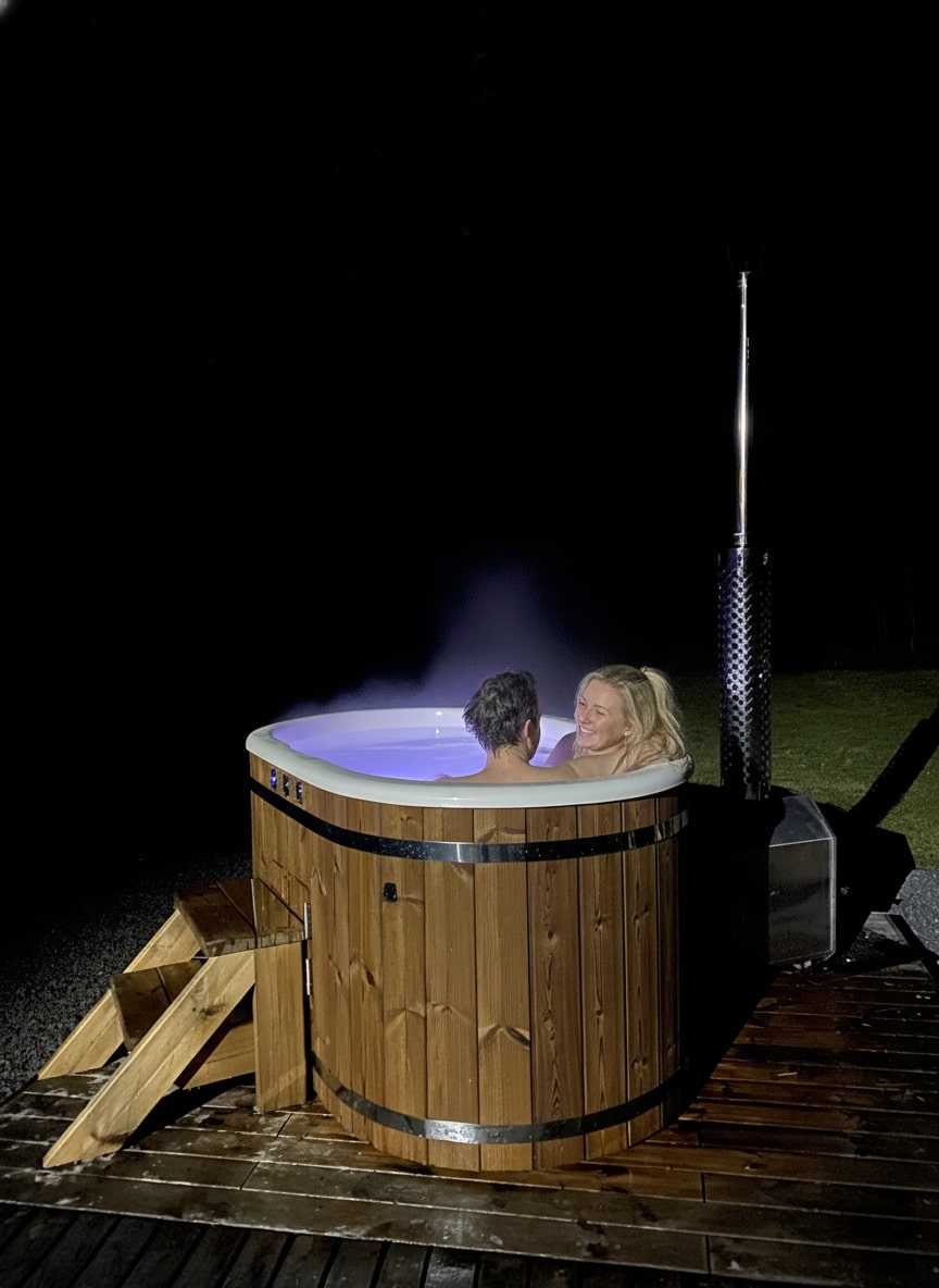 Nachtansicht eines hölzernen Hot Tubx mit integriertem Ofen, Holzstufen und zwei Personen, die den vom Wasser aufsteigenden Dampf genießen.