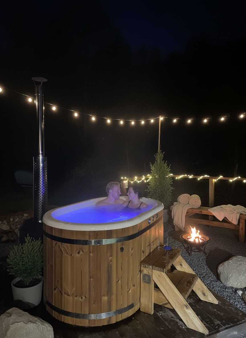 Gardenvity wood fired hot tub with two people relaxing in an Ofuro-style design outdoors.