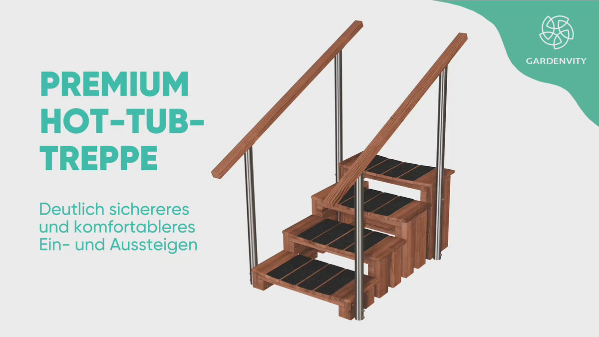 Ältere Frau steigt sicher über die Premium Hot-Tub-Treppe mit beidseitigen Handläufen und rutschfesten Stufen in einen Hot Tub ein und aus