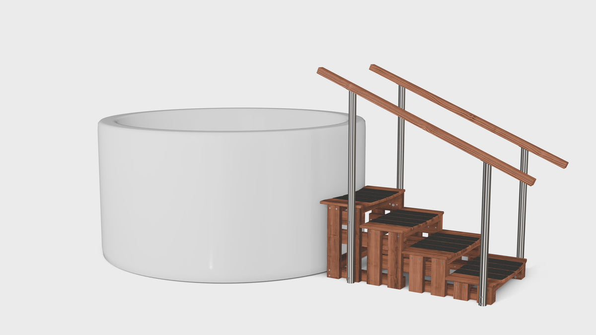 Video showing Premium hot tub steps paired with different hot tub models of various shapes, sizes and heights