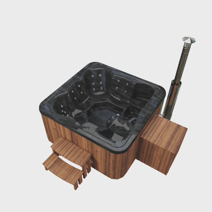 Premium Square Wood-Fired Hot Tub with 34 Hydro Jets & Reclining Lounger – Seats 6