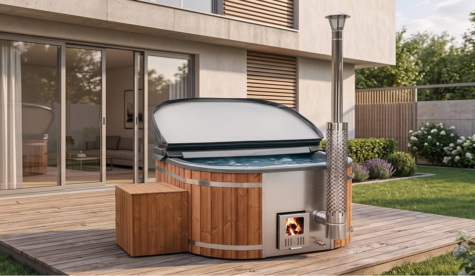 Quadratischer Hot Tub mit Holzverkleidung und Metallakzenten auf einer Terrasse