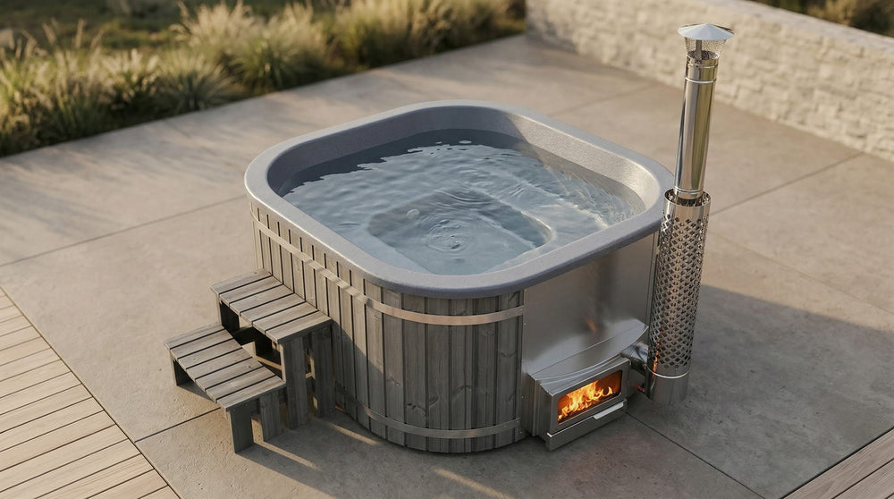 Grauer quadratischer Hot Tub mit grauer Innenwanne und Horizon-Holzofen auf einer Terrasse