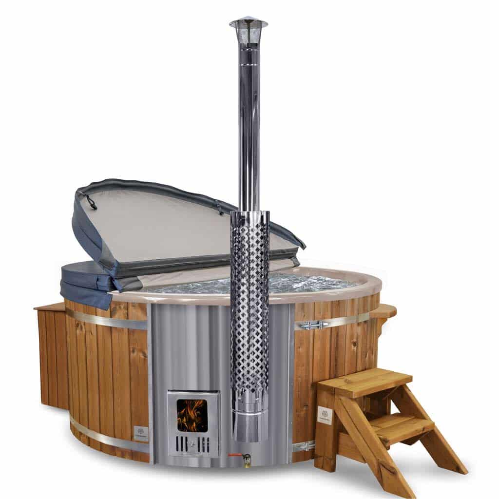 Premium-Round-Light-Oak-Cladding-Standard-Steps-Gold-Acrylic-Insert-Wood-Fired-Hot-Tub-w1024-1024x1024 Runder Hot Tub von Gardenvity mit integriertem Ofen und einer Acrylverkleidung
