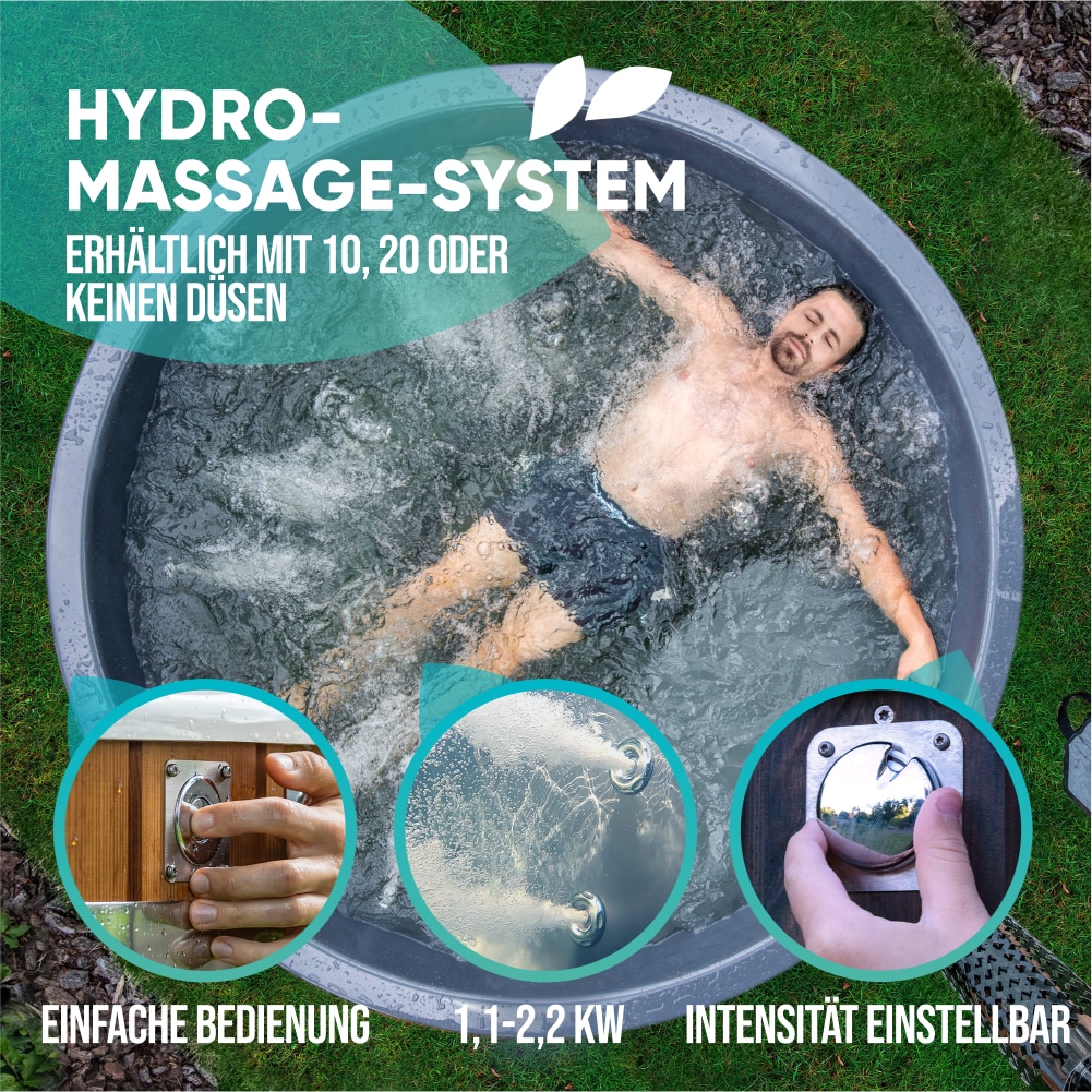 Ein runder, holzbefeuerter Badezuber mit Hydro Massage System